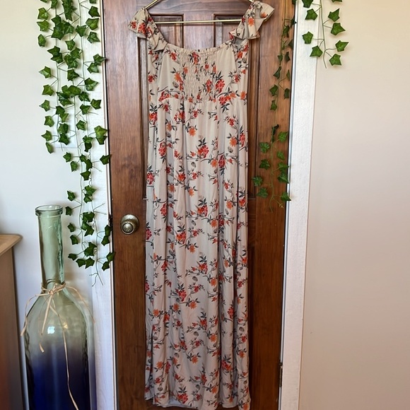 Off the Shoulder Boho Floral Maxi Dress Double Slits in Tan Orange Floral | M - Picture 2 of 10